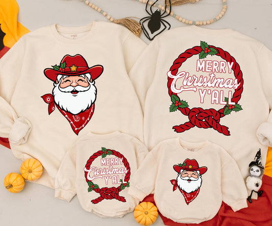 Merry Christmas Y'all Sweatshirt Cowboy Santa Holiday Crewneck, Western Christmas Shirt for Women, Fun Christmas Outfit, Santa Cowboy Tee Gift 138