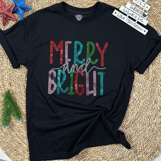 Sparkly Merry and Bright Christmas Shirt with Colorful Faux Rhinestone Sequin Detailing Festive Bling Holiday Tee Gift for Women and Teens