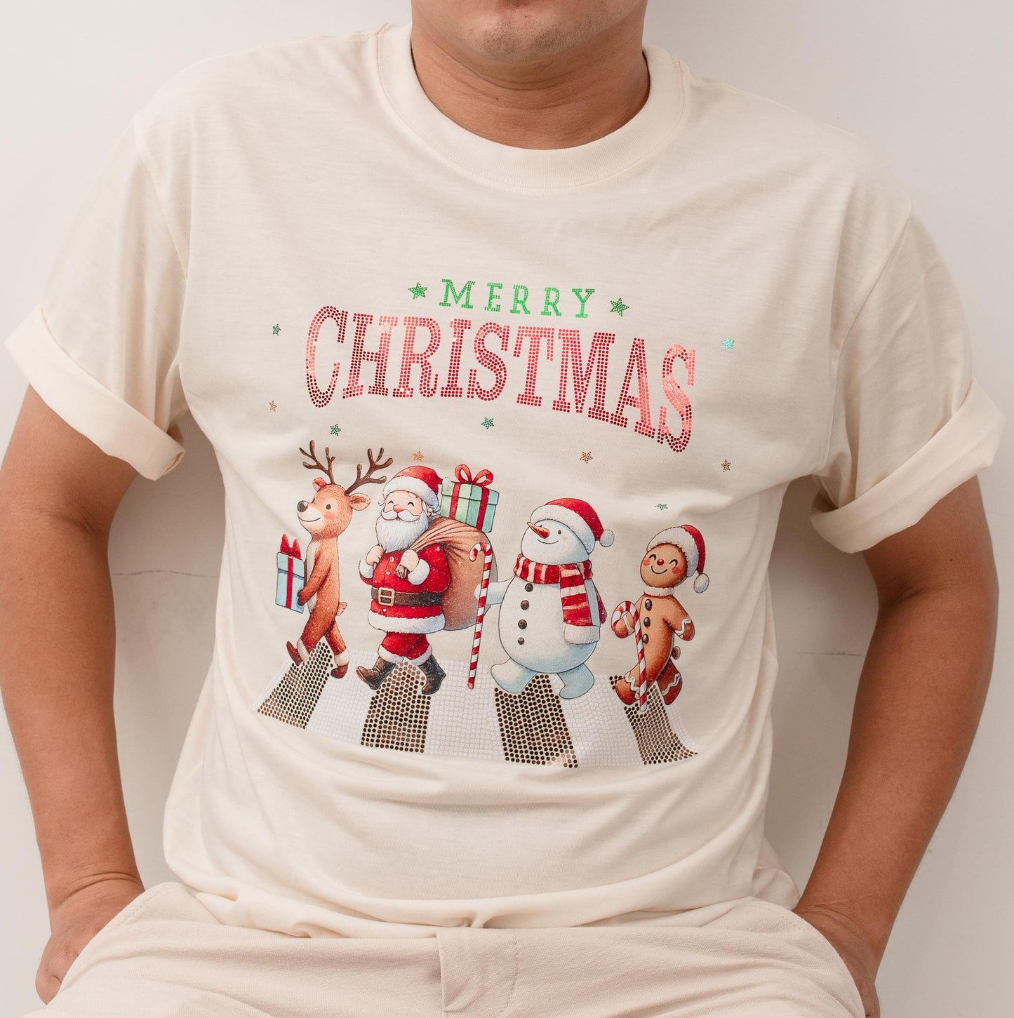 Glittery Merry Christmas Shirt with Festive Friends, Reindeer & Santa Sequin Tee, Sparkly Xmas Top for Women, Men, Holiday Gifts, Shiny Dot Crosswalk (139)