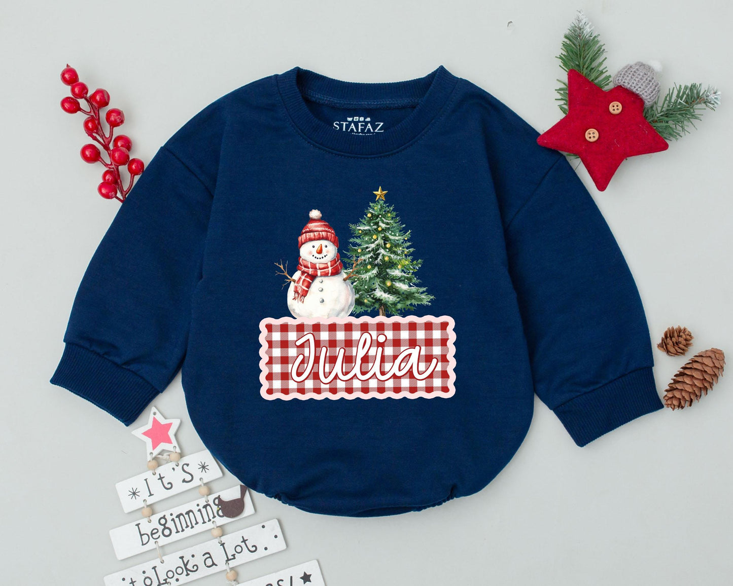 Personalized Baby First Christmas Romper with Snowman & Tree Design Toddler Holiday Outfit Infant Bodysuit Gingham Pattern Festive Red Green White