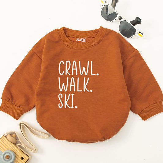 Crawl Walk Ski Baby Romper Skiing Lover Newborn Bodysuit Pregnancy Reveal Gift Adventure Baby Clothes Modern Minimalist Design Soft Cotton for Boys Girls