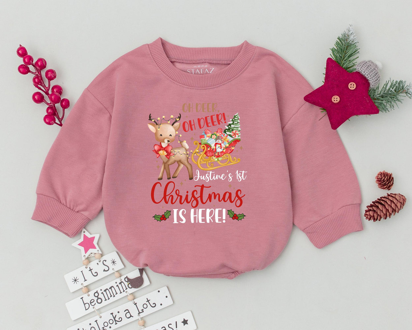 Personalized Oh Deer My First Christmas Baby Romper Reindeer Sleigh Design Festive Holiday Bodysuit Infant Toddler Custom Name Gift