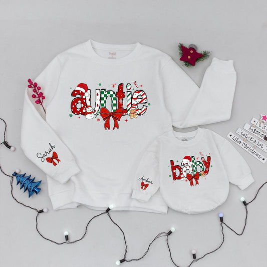 Matching Auntie & Baby Christmas Sweatshirts: Cheerful Holiday Lettering, Polka Dots, Candy Canes - Festive Aunt Xmas Gift for Little One, Comfy Cotton Blend