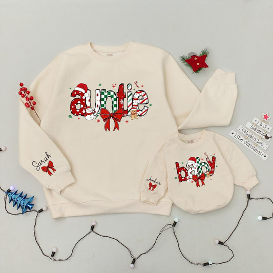 Matching Auntie & Baby Christmas Sweatshirts: Cheerful Holiday Lettering, Polka Dots, Candy Canes - Festive Aunt Xmas Gift for Little One, Comfy Cotton Blend