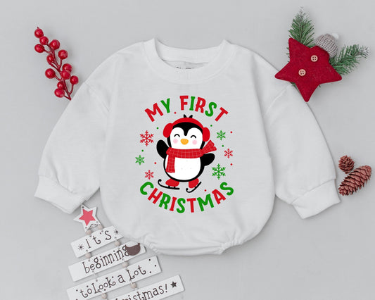 My First Christmas Baby Romper Cute Penguin Skating Design Vibrant Red Green Snowflakes Festive Holiday Outfit Comfortable Cozy Baby Shower Gift