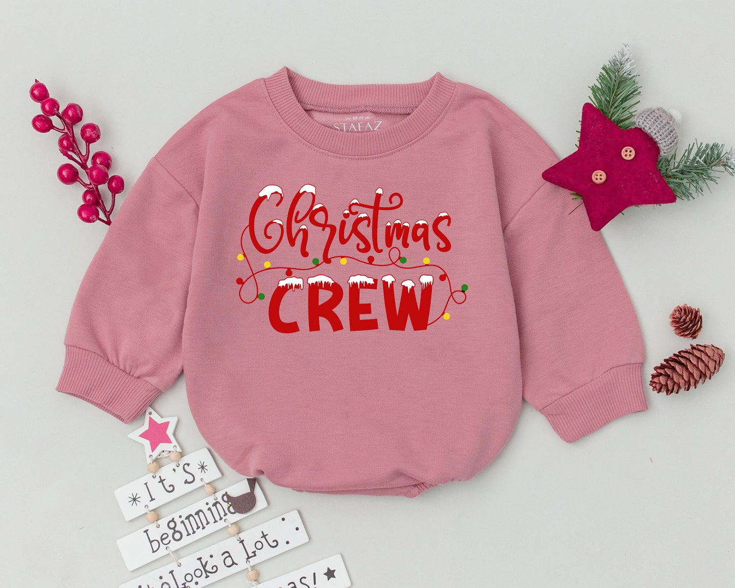 Baby's First Christmas Crew Bubble Romper with Festive Lights Design Newborn Infant Bodysuit Unique Xmas Outfit Baby Shower Gift Cursive Snow Font