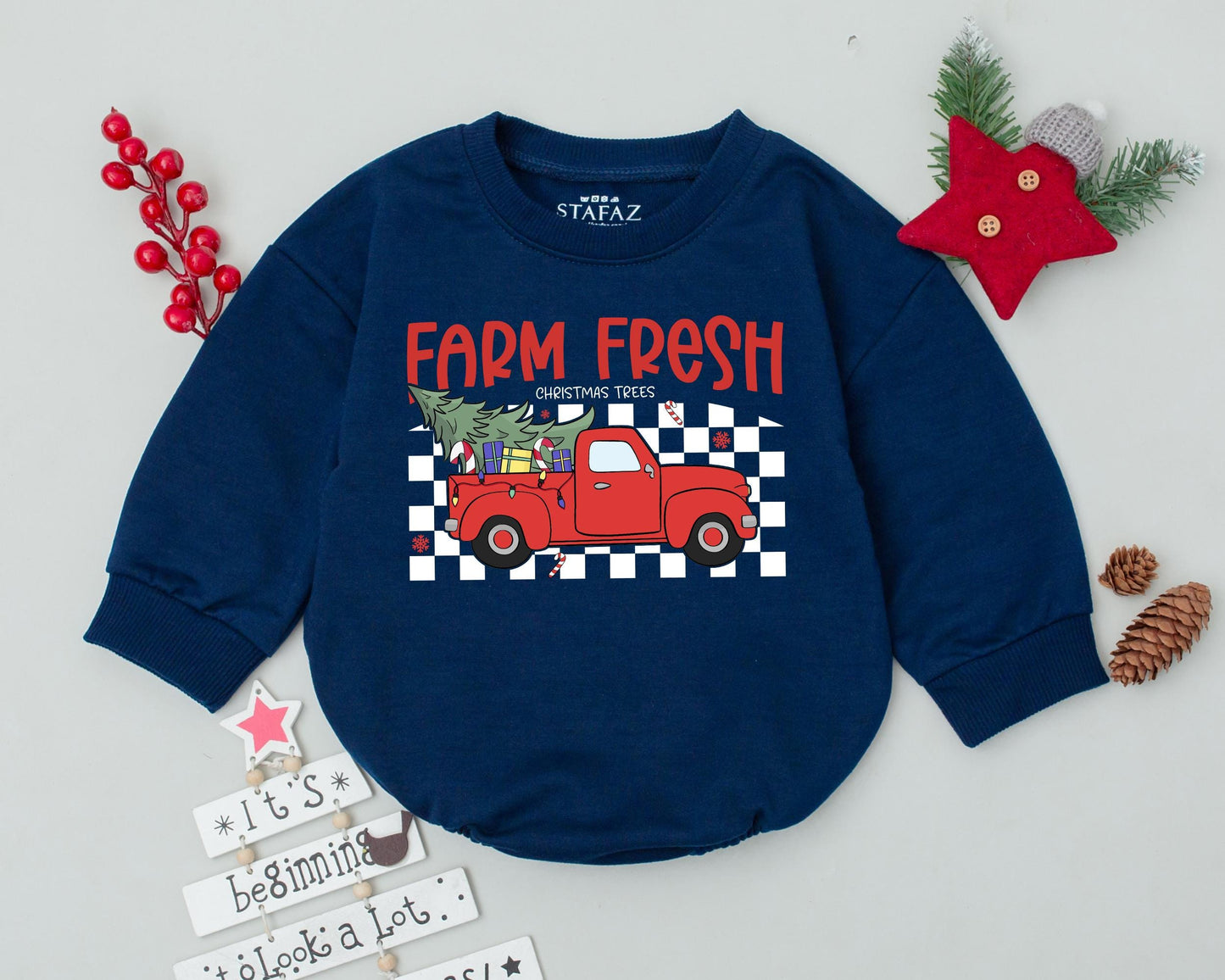 Farm Fresh Christmas Truck Romper Baby's First Holiday Outfit Red Pickup Vintage Checkerboard Design Newborn Bodysuit Festive Xmas Infant Gift
