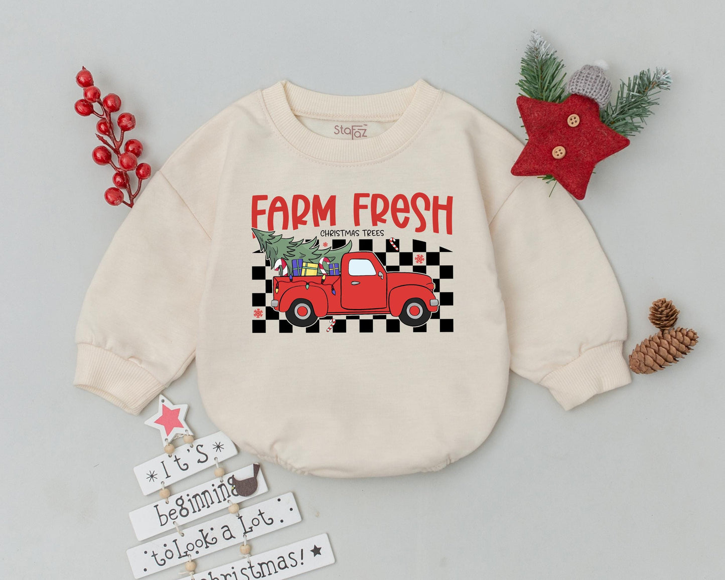 Farm Fresh Christmas Truck Romper Baby's First Holiday Outfit Red Pickup Vintage Checkerboard Design Newborn Bodysuit Festive Xmas Infant Gift