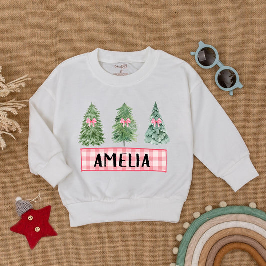 Personalized Christmas Toddler Sweatshirt Featuring Cute Pink Bow Tree Design Custom Name Holiday Season Baby Shower Gift Cozy Kid Infant Outfit