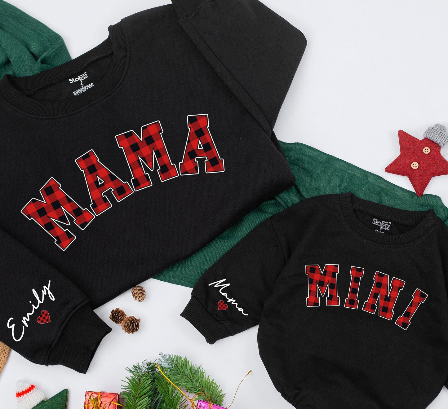 Personalized Mama and Mini Red Buffalo Plaid Sweatshirts for Mom and Baby Matching Christmas Outfits Custom Name on Sleeve Daughter Kid Gift