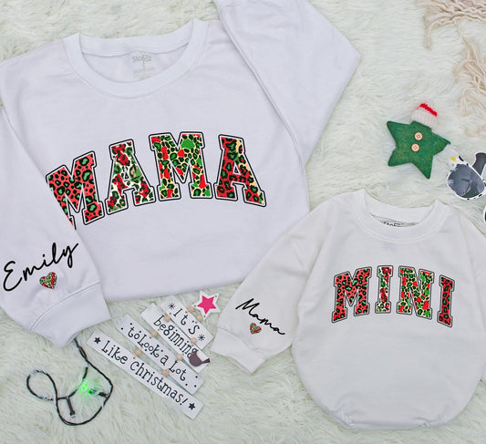 Mama and Mini Leopard Christmas Sweatshirt Matching Outfit, Festive Mommy and Me Top, Emily Sleeve Detail, Red Green Animal Print Holiday Clothes