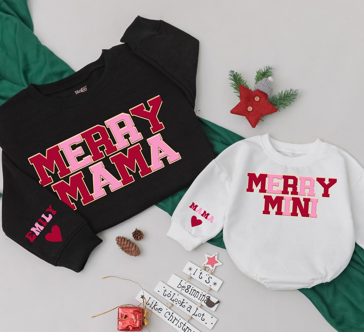 Matching Merry Mama and Mini Sweatshirts, Red-Brown & Pink Christmas Family Outfits, Personalized Mommy & Me Matching Set, Baby Girl Winter Gift