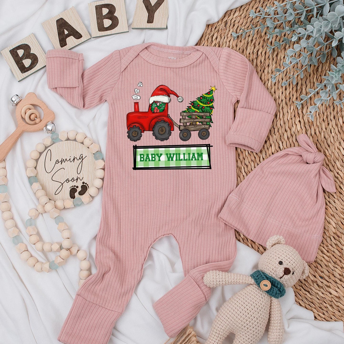 Personalized Baby William Christmas Tractor Bodysuit and Hat Set Newborn Holiday Outfit Red Santa Tractor Gift for Boys Girls