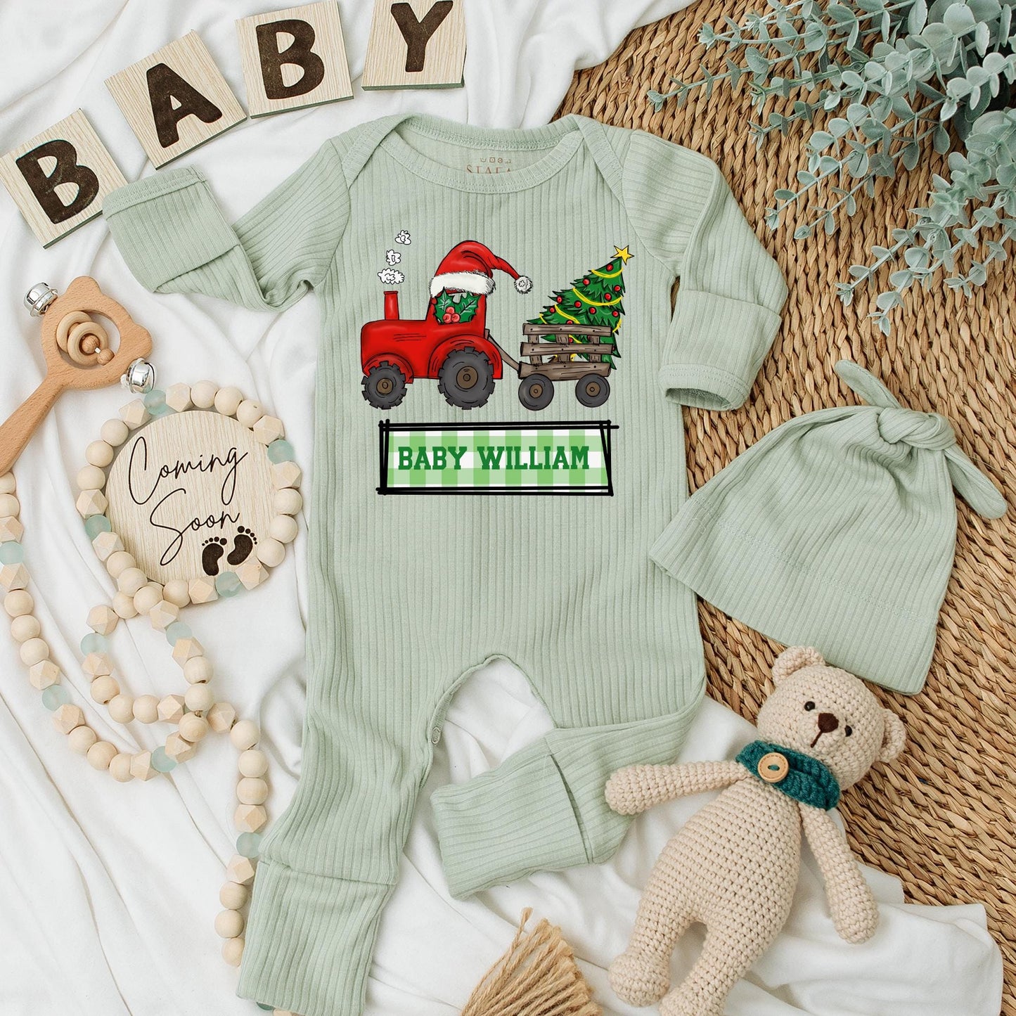 Personalized Baby William Christmas Tractor Bodysuit and Hat Set Newborn Holiday Outfit Red Santa Tractor Gift for Boys Girls