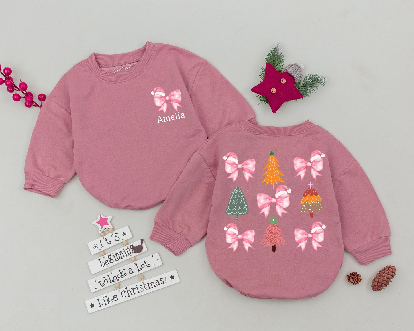 Amelia's First Christmas Romper: Pink Bows & Santa Hats! Custom Name Xmas Outfit, Festive Girly Bubble Romper, Baby Shower Gift, Infant Clothes