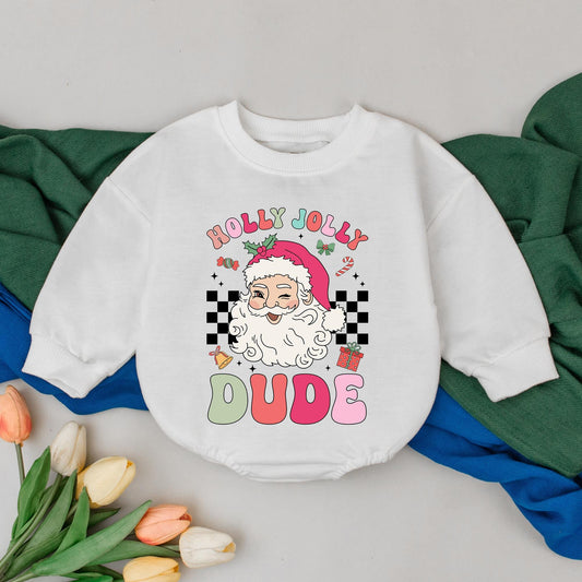 Holly Jolly Dude Christmas Romper Winking Santa Baby Christmas Outfit Fun First Holiday Design Bright Checkered Newborn Gift Boys Girls