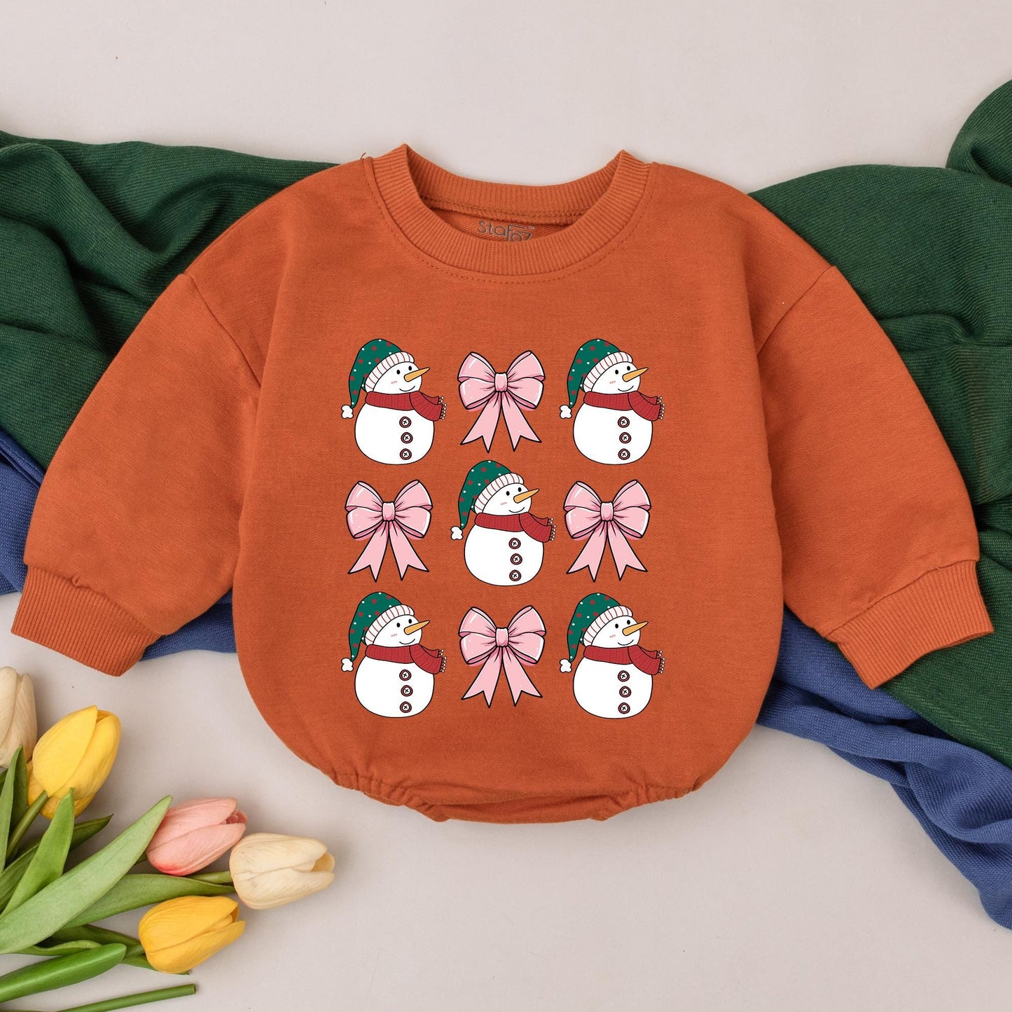 Retro Snowman Christmas Bubble Romper Baby Girls Boys Holiday Outfit featuring Pink Bows Green Red Hats New Baby Shower Gift