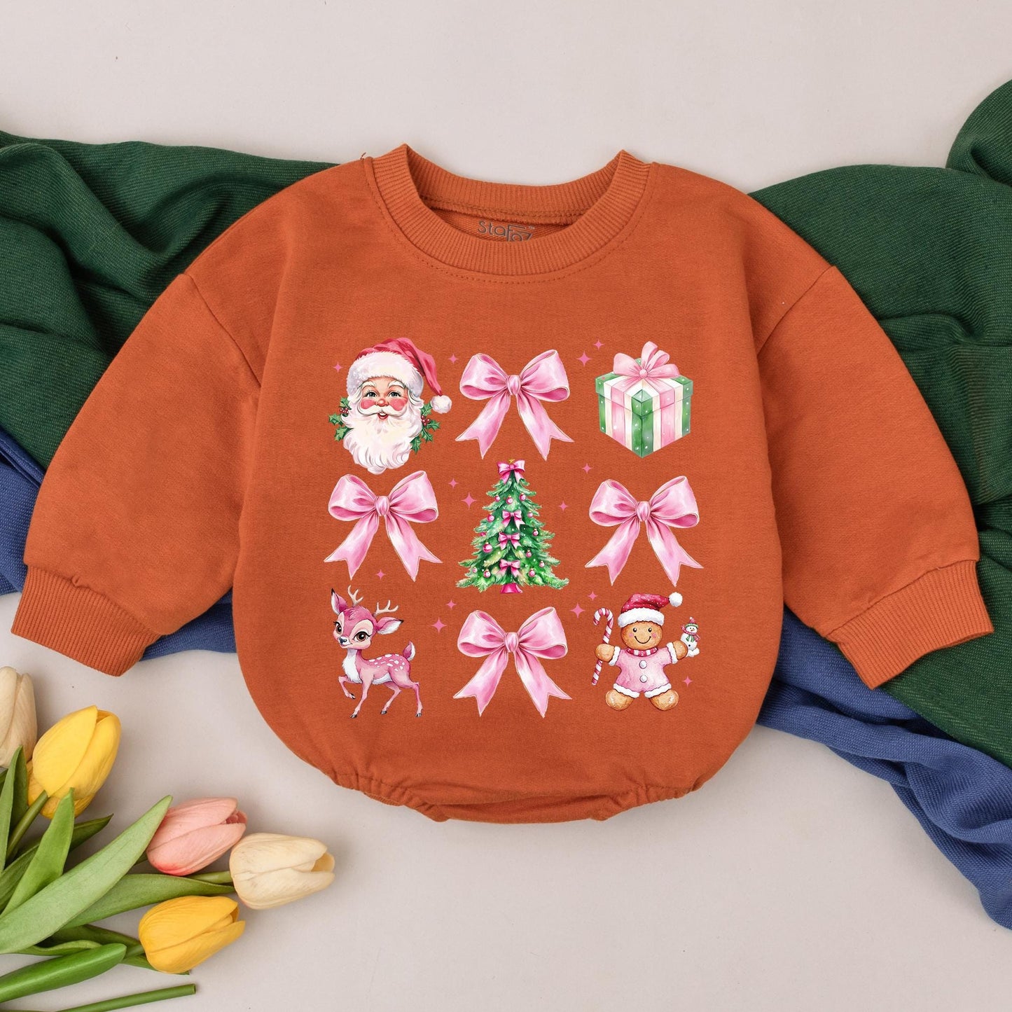 Retro Christmas Baby Bubble Romper first holiday Santa outfit for girls featuring festive gingerbread man, pink fawn, and tree design with sparkling details