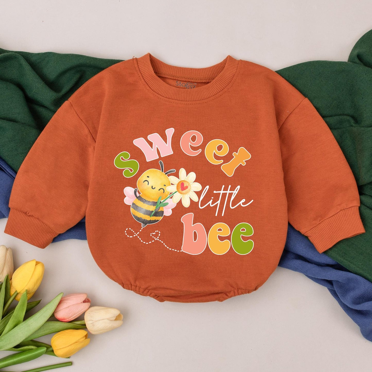 Sweet Little Bee Baby Girl Romper Cute Daisy Design First Birthday Outfit & Baby Shower Gift Playful Green Pink Orange Cartoon Bee Flight Path