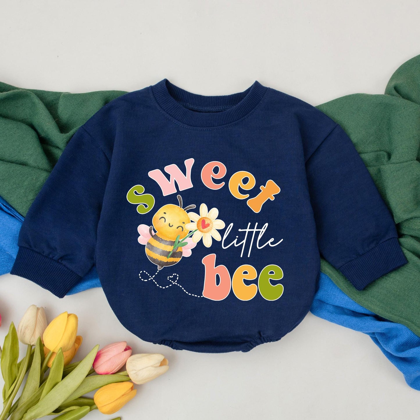 Sweet Little Bee Baby Girl Romper Cute Daisy Design First Birthday Outfit & Baby Shower Gift Playful Green Pink Orange Cartoon Bee Flight Path