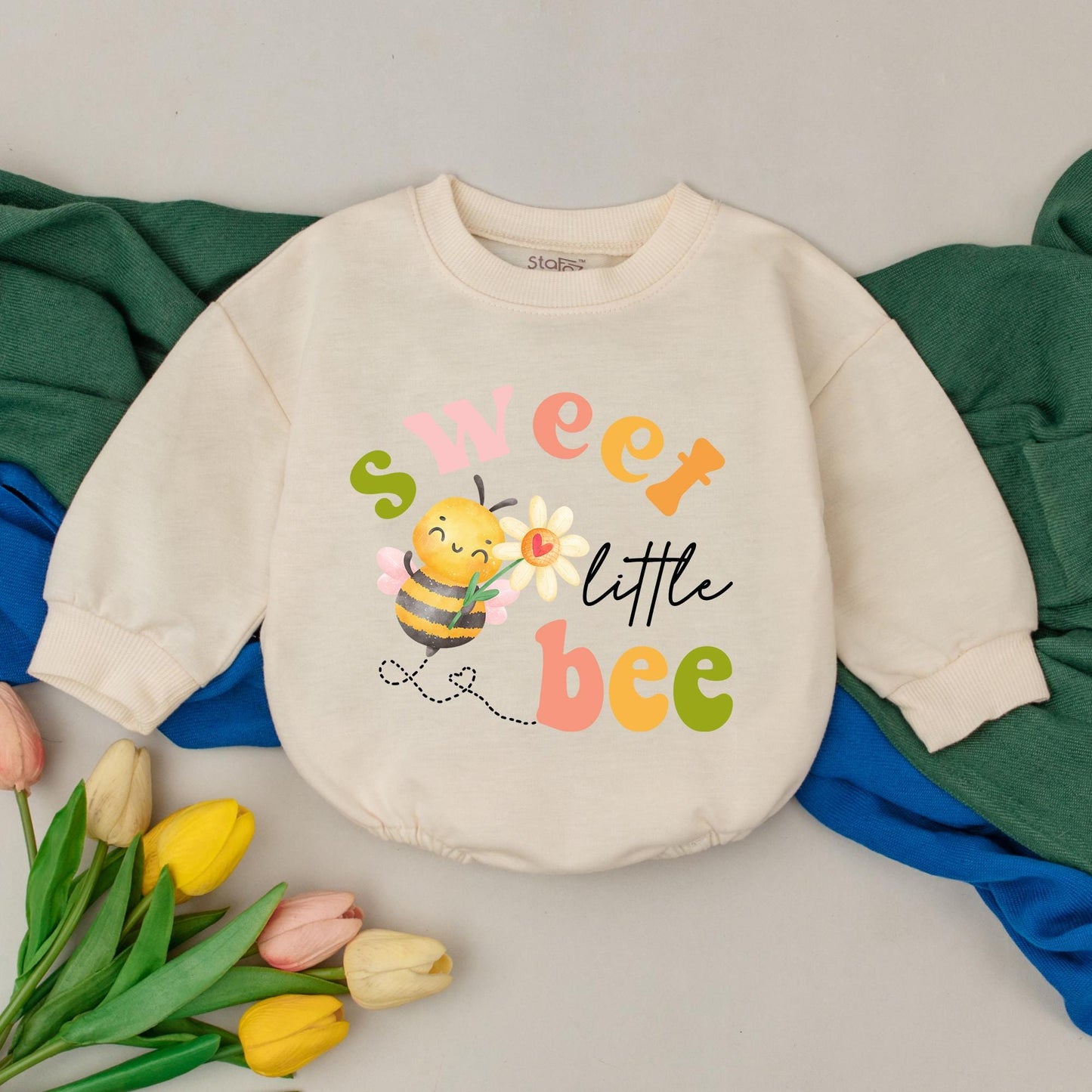 Sweet Little Bee Baby Girl Romper Cute Daisy Design First Birthday Outfit & Baby Shower Gift Playful Green Pink Orange Cartoon Bee Flight Path