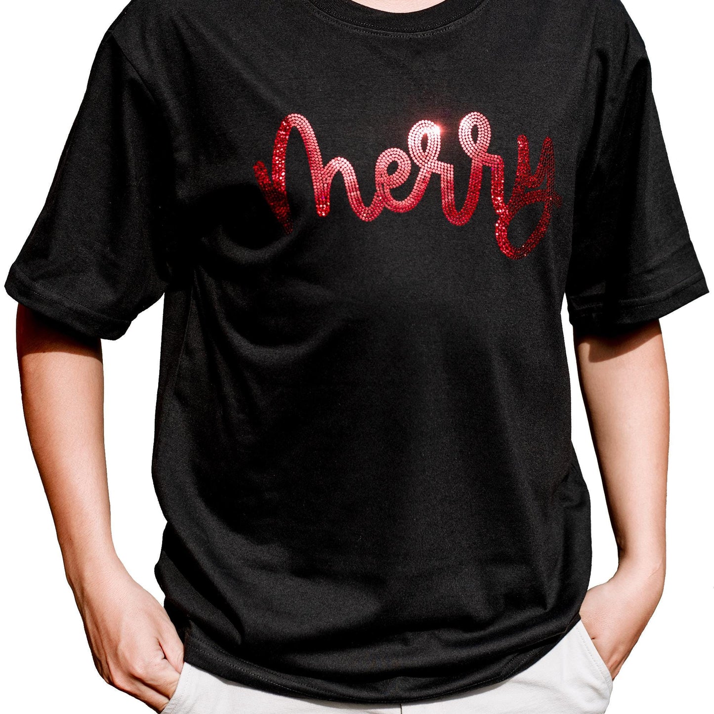 Red Sequin Merry Christmas Shirt, Sparkly Xmas Holiday Tee, Glitter Festive Top, Bling Bling Matching Family Outfits, Cheerful Celebration Clothes (139 chars)