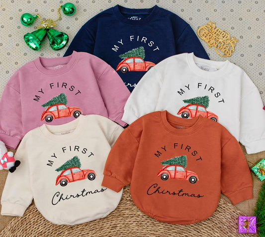 My First Christmas Romper Sweatshirt Baby Red Car Christmas Tree Holiday Outfit Newborn Bodysuit Winter Clothes Gift