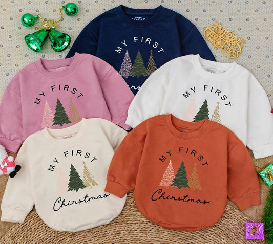 My First Christmas Baby Romper Sweatshirt with Pink Green Gold Tree Design Newborn Winter Holiday Outfit Sweet Handcrafted Baby Shower Gift