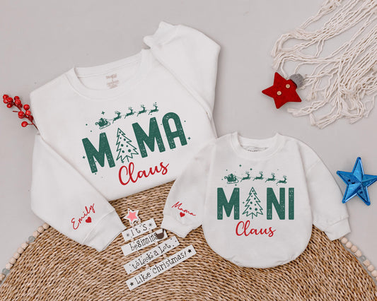 Personalized Mama and Mini Claus Matching Christmas Sweatshirts Mom and Baby Girl Romper Festive Green Sleigh Holiday Outfits Red Script Tree