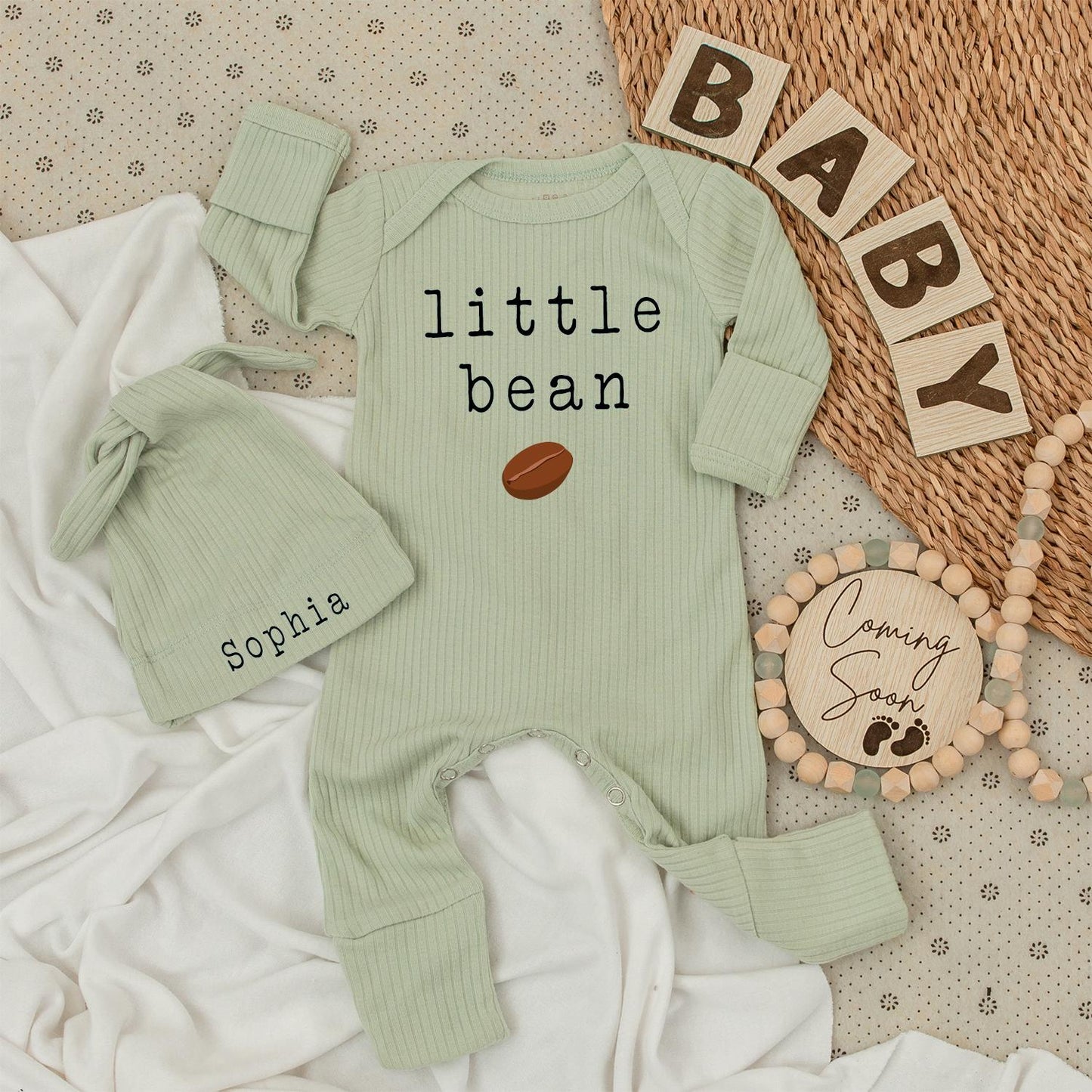 Little Bean Baby Bodysuit and Hat Set Cute Coffee Bean Design Newborn Gift Long Sleeve Romper Baby Shower Present Sophia