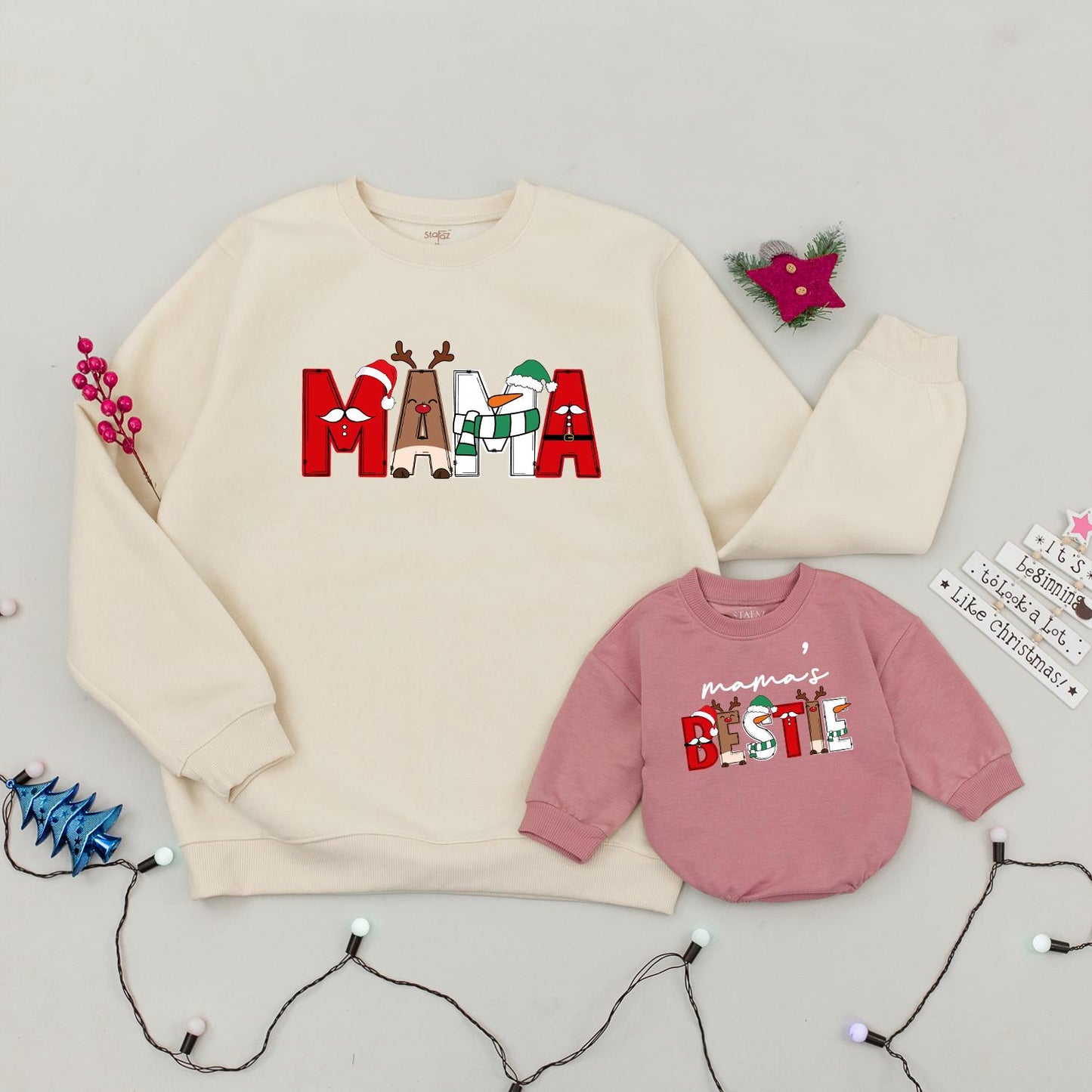 Matching Mommy & Me Christmas Character Sweatshirts Festive Holiday Family Outfits Santa Reindeer Snowman Design Baby Romper Playful