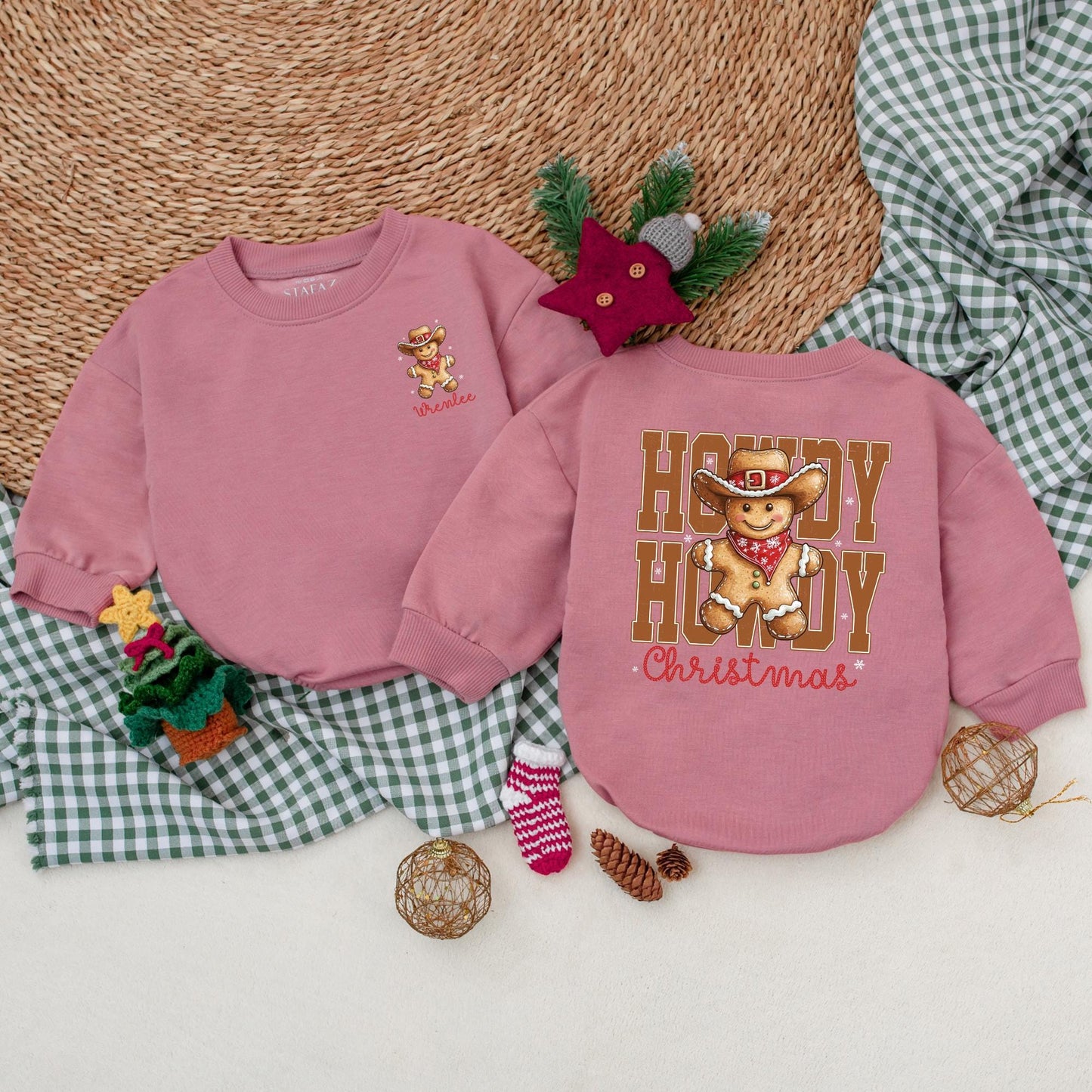 Custom Name Howdy Christmas Romper, Vintage Western Baby Bodysuit, Personalized First Christmas Outfit, Cowboy Gingerbread Baby Clothes, Christmas Gift (139)