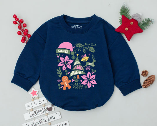 My First Christmas Bubble Romper Retro Baby Outfit Pink Santa Tree Design Merry Bright Holly Snowflake Gingerbread Holiday Gift