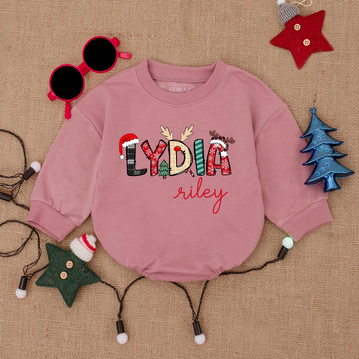 Custom Name Christmas Bodysuit Festive Holiday Print, Santa Hat Antlers Plaid Snowflakes Baby Romper Outfit, First Christmas Baby Shower Gift Clothes