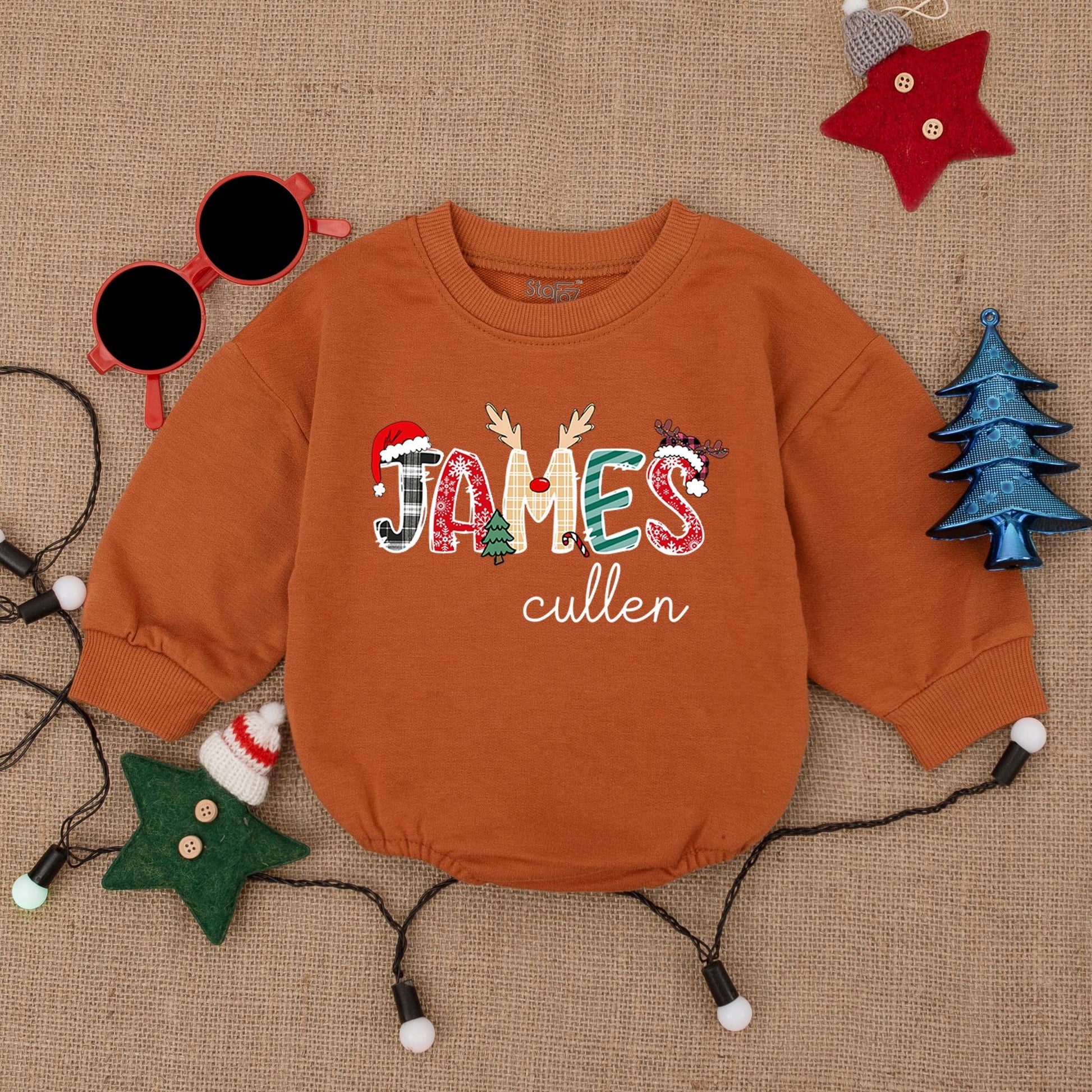 Custom Name Christmas Bodysuit Festive Holiday Print, Santa Hat Antlers Plaid Snowflakes Baby Romper Outfit, First Christmas Baby Shower Gift Clothes