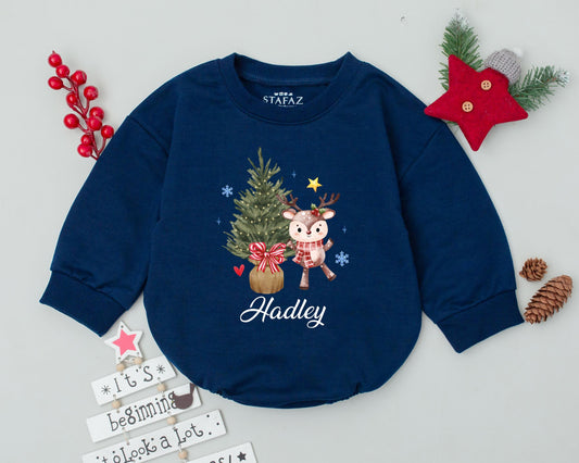 Personalized My First Christmas Baby Bodysuit Cute Deer Outfit featuring whimsical holiday graphics, soft infant romper, baby girl boy clothes, special name keepsake gift.