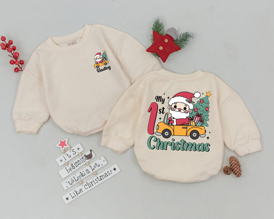 Personalized My 1st Christmas Baby Bubble Romper Cute Santa Car Design with Festive Tree Gifts Newborn Outfit Retro Holiday Bodysuit
