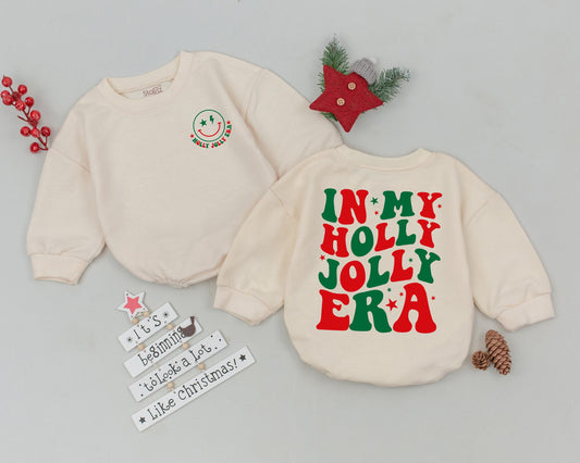 In My Holly Jolly Era Baby Romper First Christmas Outfit Infant Girls Retro Vintage Smiley Face Holiday Soft Cotton Xmas Gift