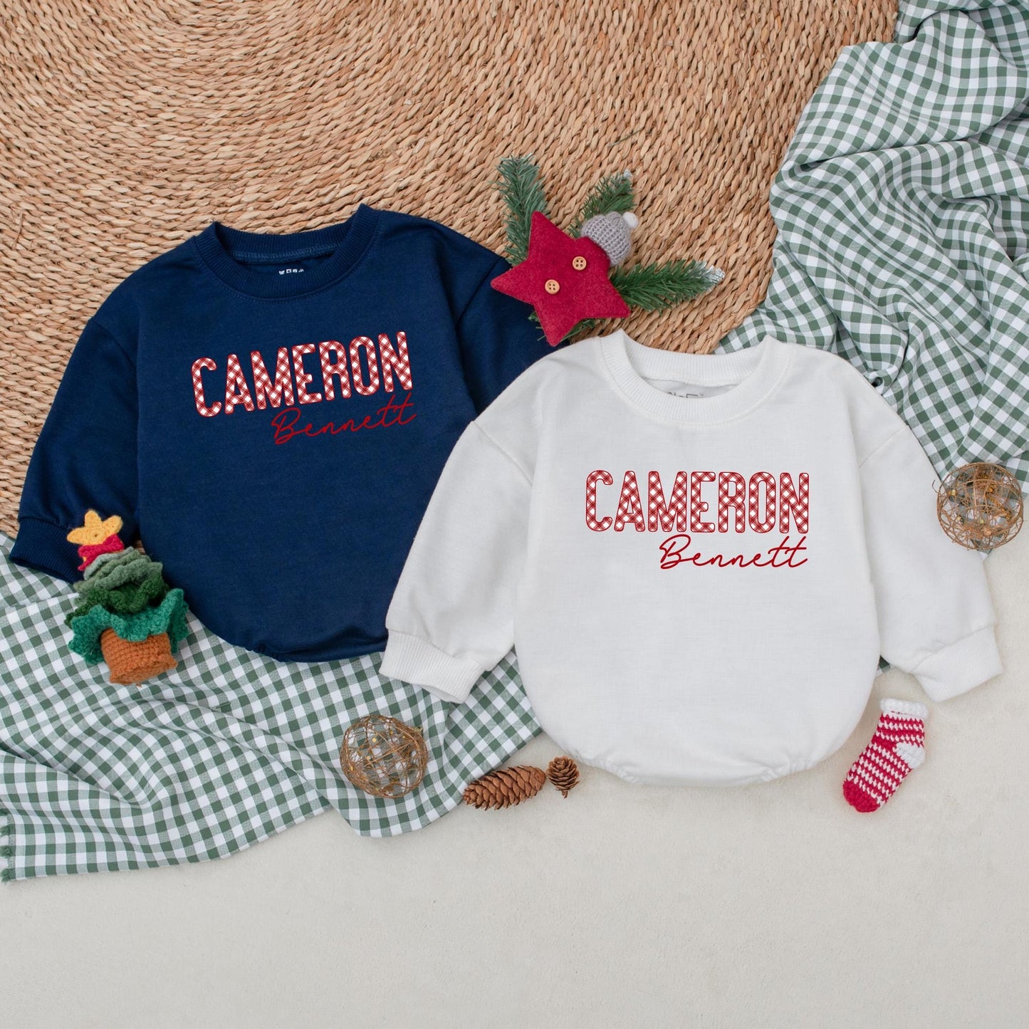 Personalized Cameron Christmas Romper: Gingham Name Bodysuit, First Christmas Outfit, Bennett Cursive Font, Winter Baby Clothes, Boy Holiday Gift 135
