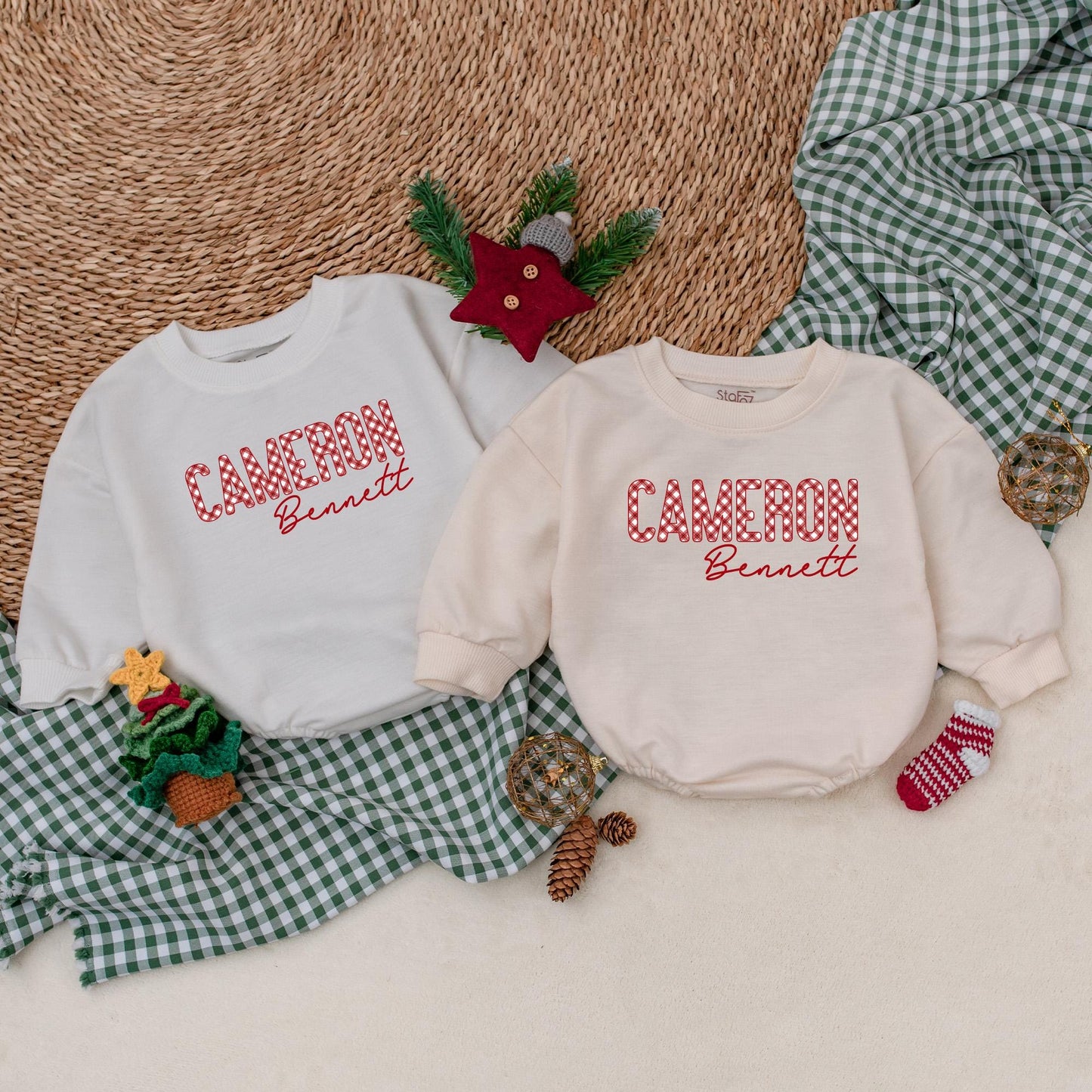 Personalized Cameron Christmas Romper: Gingham Name Bodysuit, First Christmas Outfit, Bennett Cursive Font, Winter Baby Clothes, Boy Holiday Gift 135