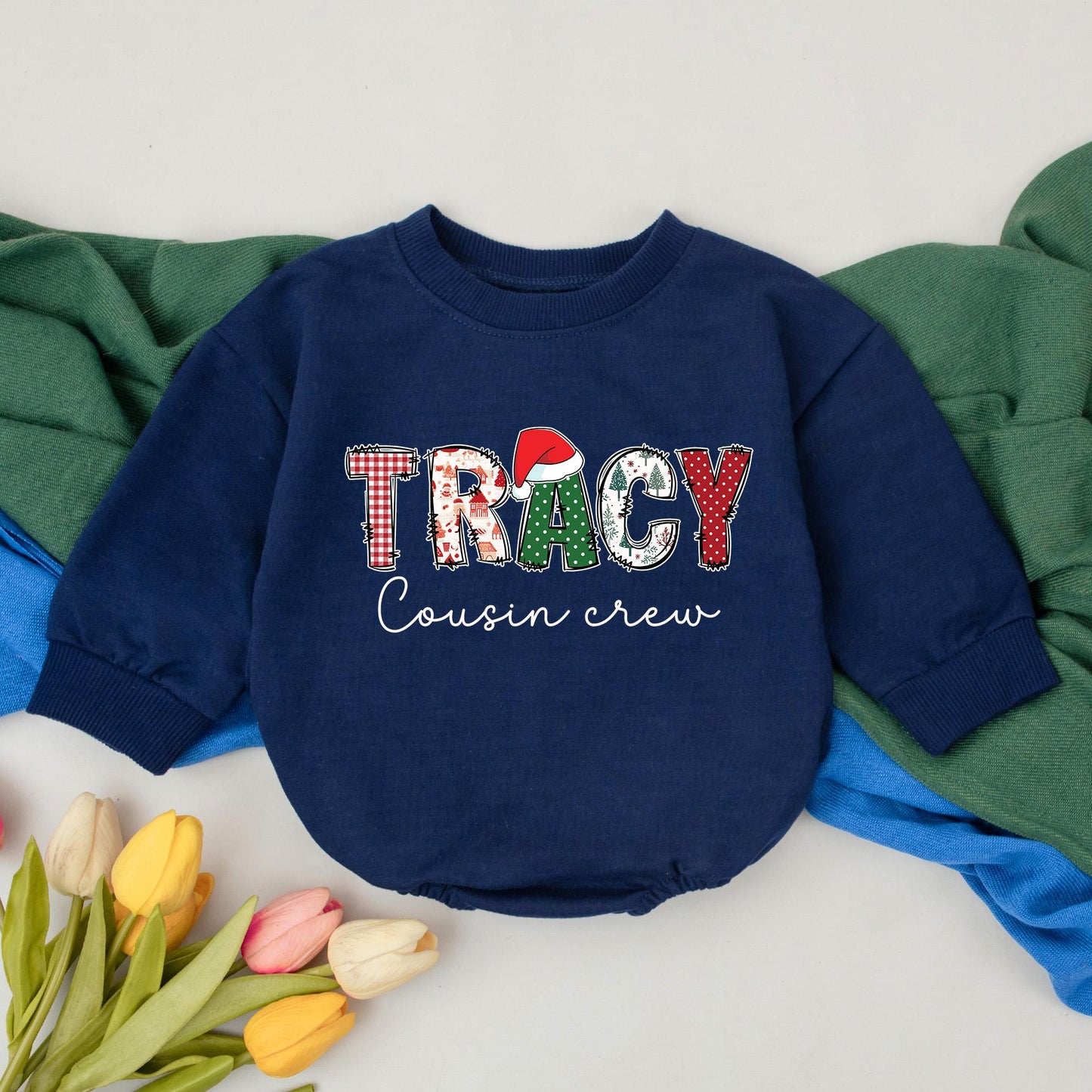 Personalized Christmas Cousin Crew Bubble Romper with festive plaid name design Santa hat new baby gift first Christmas girl boy outfit