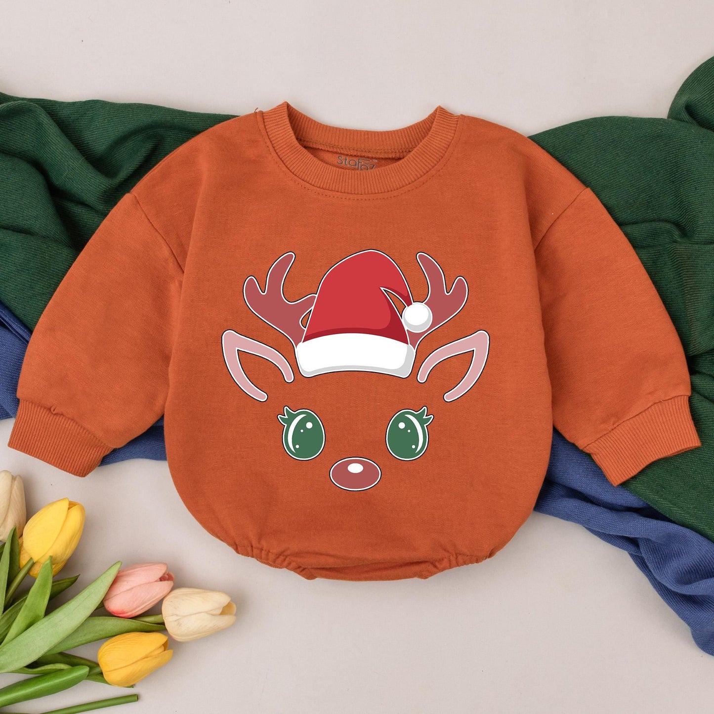 Adorable Reindeer Christmas Bubble Romper for Baby's First Holiday Festive Outfit with Cute Santa Hat Red Nose & Green Eyes Newborn Gift