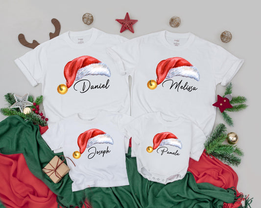 Matching Family Christmas Shirts with Personalized Name Santa Hat Design Red White Gold Jingle Bell Holiday Tee for Mom Dad Kids Baby