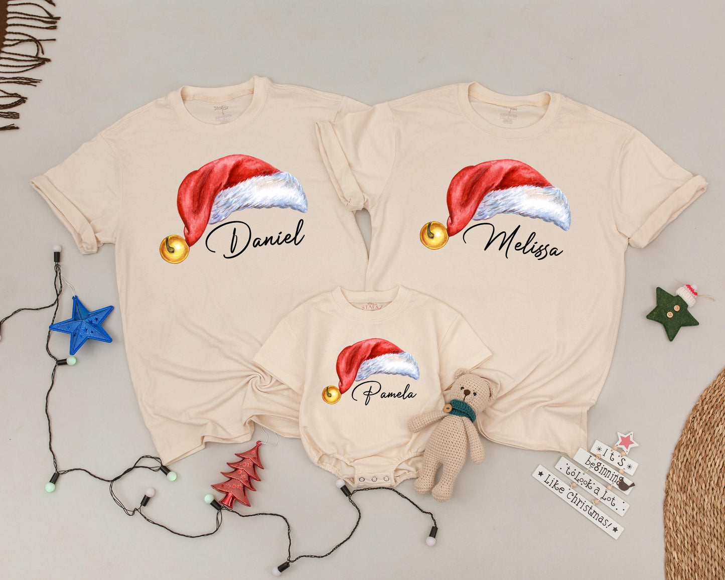 Matching Family Christmas Shirts with Personalized Name Santa Hat Design Red White Gold Jingle Bell Holiday Tee for Mom Dad Kids Baby