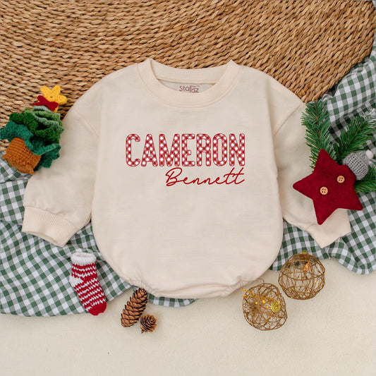 Personalized Cameron Christmas Romper: Gingham Name Bodysuit, First Christmas Outfit,  Bennett Cursive Font, Winter Baby Clothes, Boy Holiday Gift 135