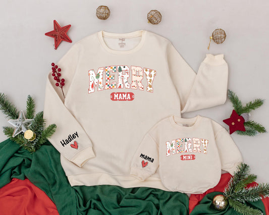 Personalized Mama Mini Christmas Sweatshirts Retro Merry Mom Daughter Matching Holiday Sweaters with Festive Imagery and Name on Sleeve