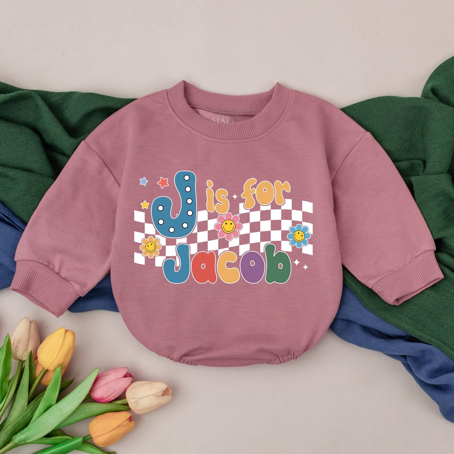 Personalized Retro Is For Name Romper Baby Birthday Gift Colorful 70s Bubble Letter Checkered Star Flower Infant Outfit