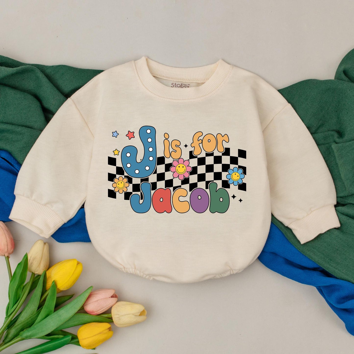 Personalized Retro Is For Name Romper Baby Birthday Gift Colorful 70s Bubble Letter Checkered Star Flower Infant Outfit