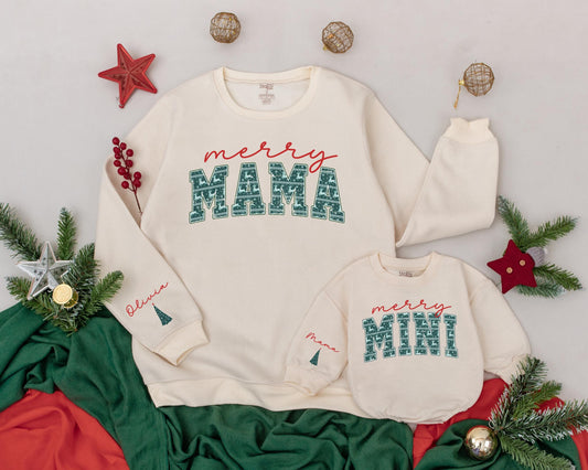 Personalized Mommy and Me Merry Mama Mini Christmas Sweatshirts with Retro Green Snowflake Tree Reindeer Design Matching Family Gifts