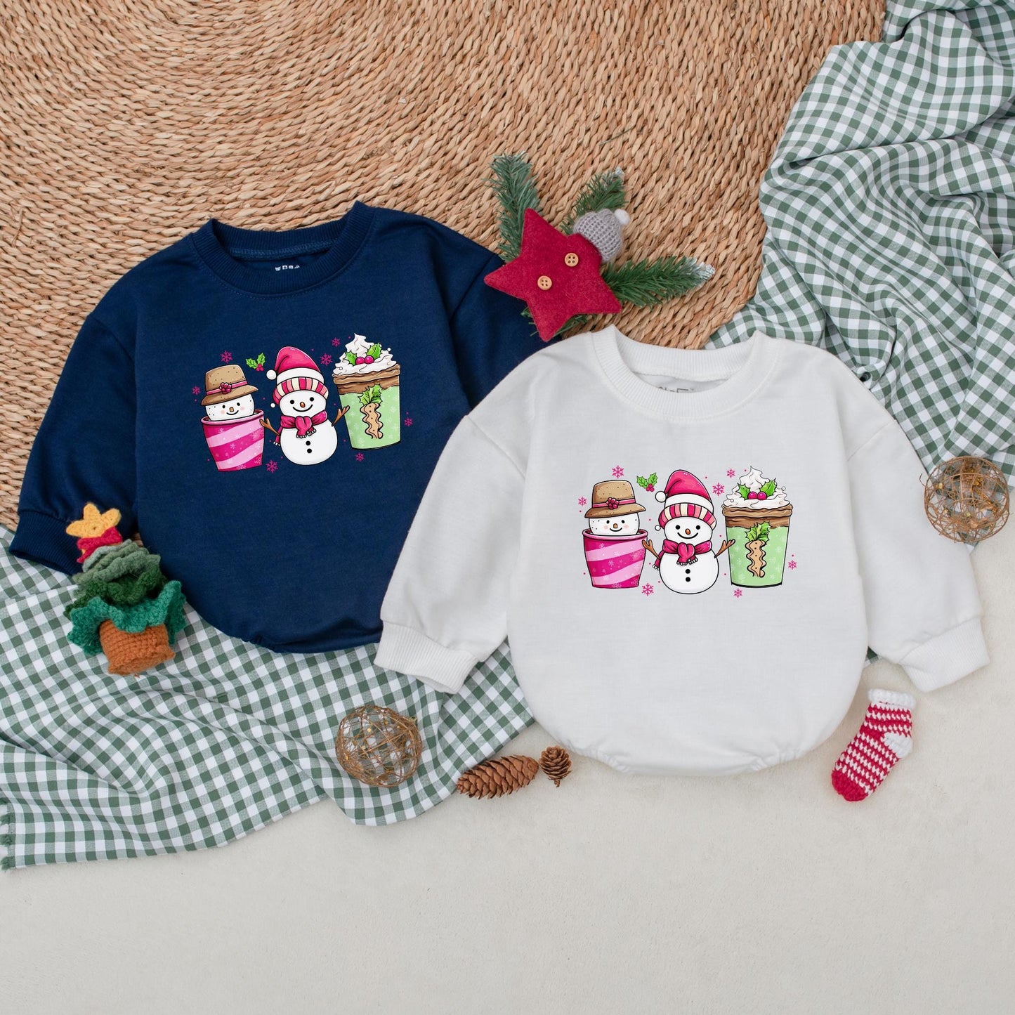 Festive Snowman Coffee Baby Romper, Whimsical Pink Snowflake Christmas Bodysuit, Holiday Outfit, Winter Baby Clothes, Shower Gift, Comfy Bubble Romper